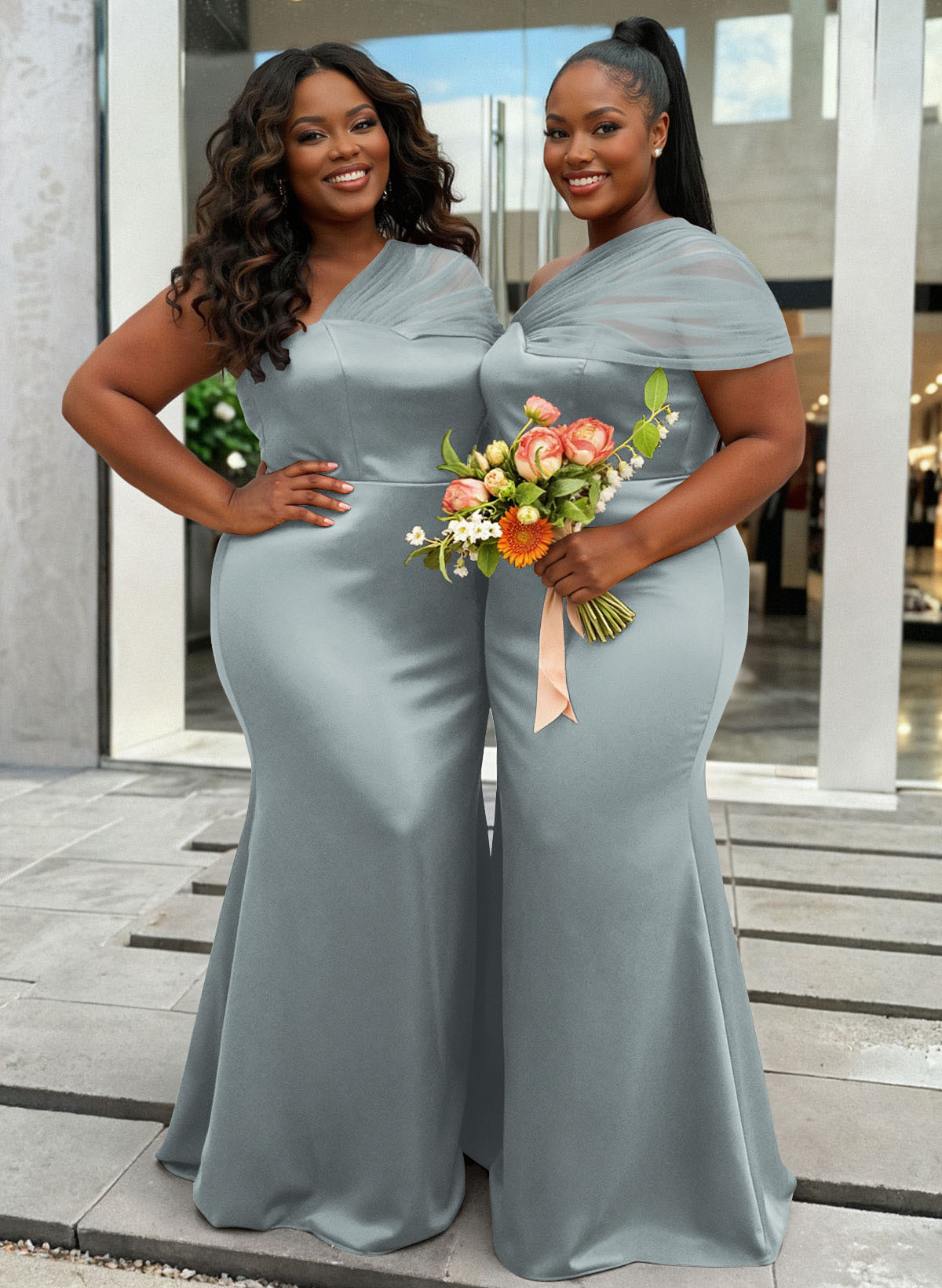 Trumpet/Mermaid One-Shoulder Sleeveless Satin/Tulle Bridesmaid Dresses, product image 363