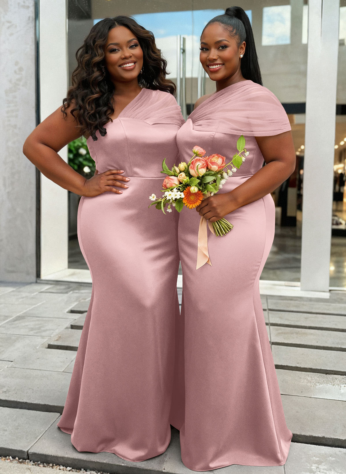Trumpet/Mermaid One-Shoulder Sleeveless Satin/Tulle Bridesmaid Dresses, product image 379