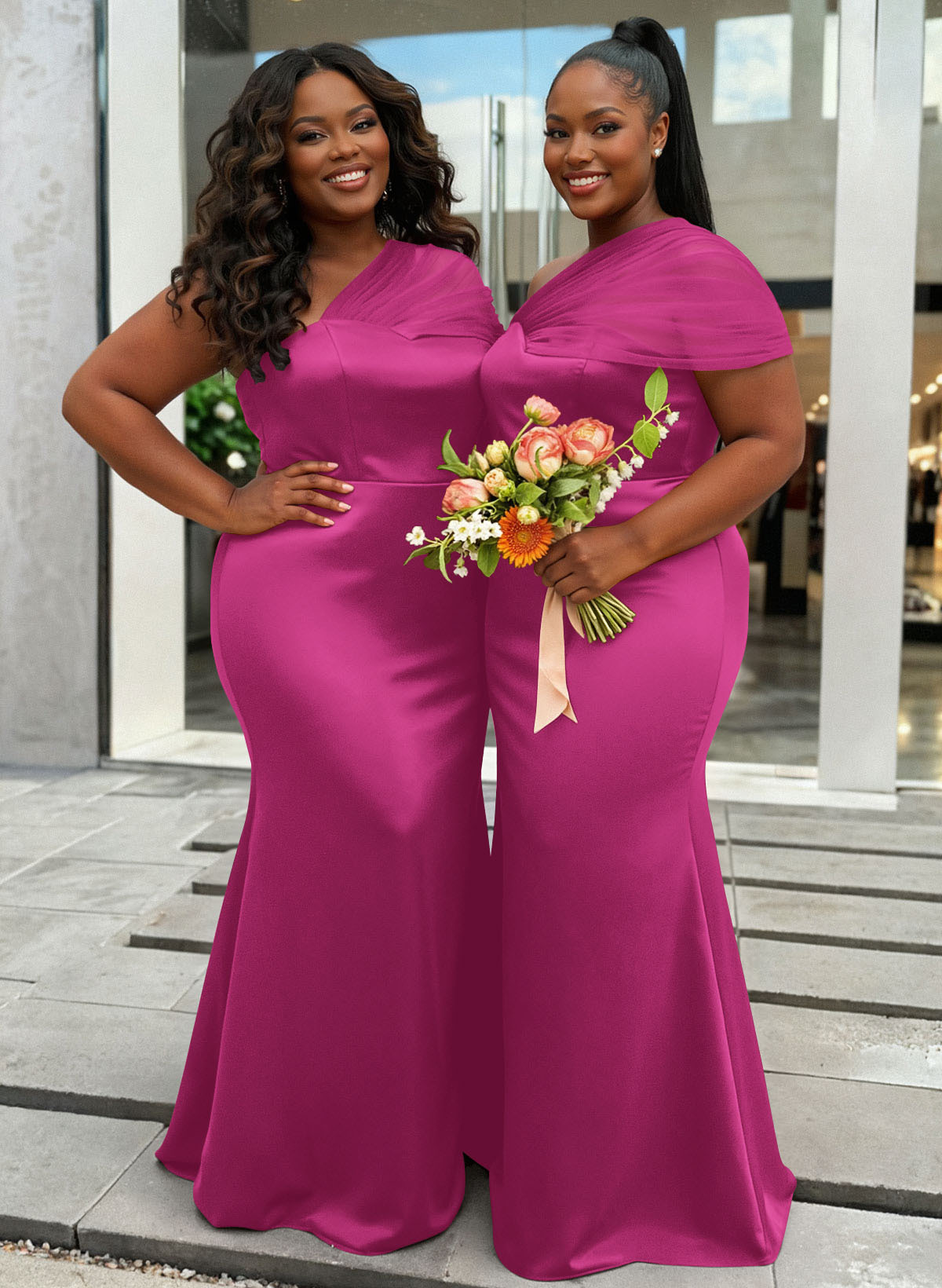 Trumpet/Mermaid One-Shoulder Sleeveless Satin/Tulle Bridesmaid Dresses, product image 375