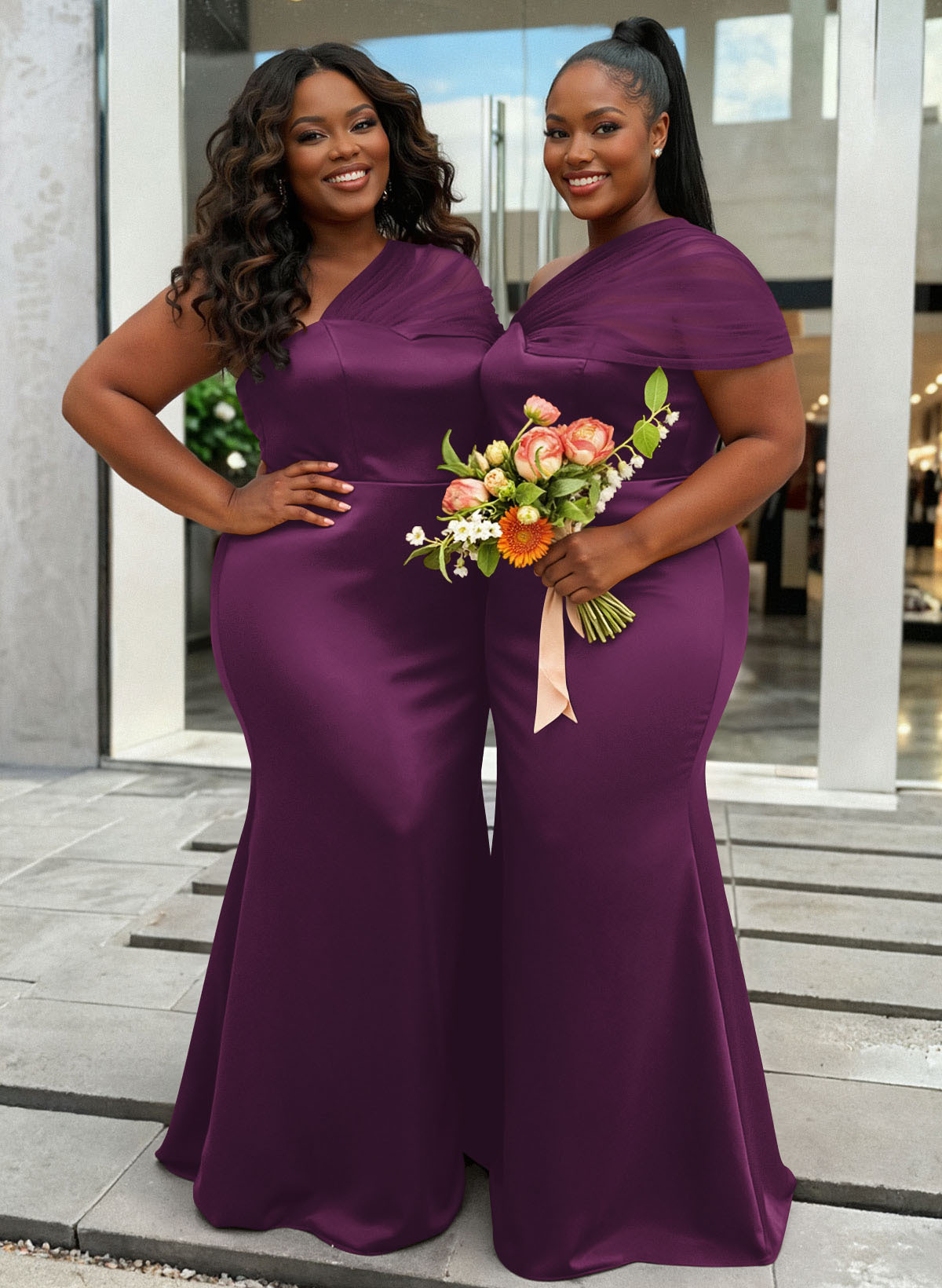 Trumpet/Mermaid One-Shoulder Sleeveless Satin/Tulle Bridesmaid Dresses, product image 411