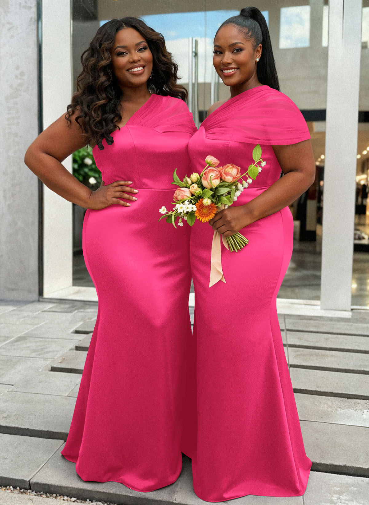 Trumpet/Mermaid One-Shoulder Sleeveless Satin/Tulle Bridesmaid Dresses, product image 377