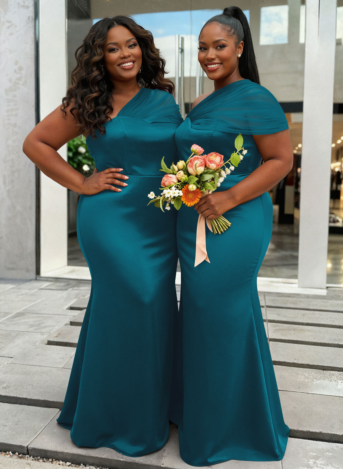 Trumpet/Mermaid One-Shoulder Sleeveless Satin/Tulle Bridesmaid Dresses, product image 367