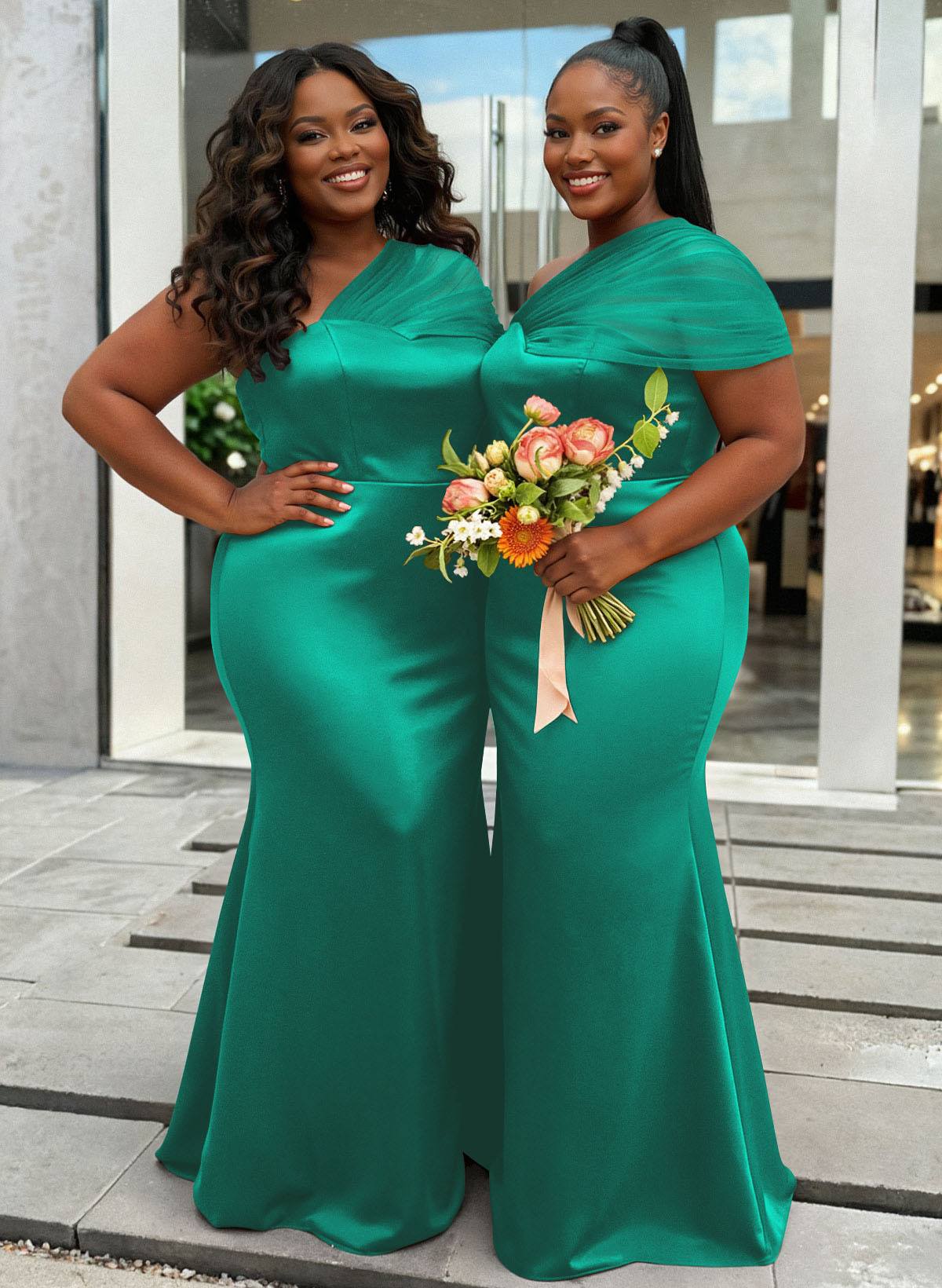 Trumpet/Mermaid One-Shoulder Sleeveless Satin/Tulle Bridesmaid Dresses, product image 445