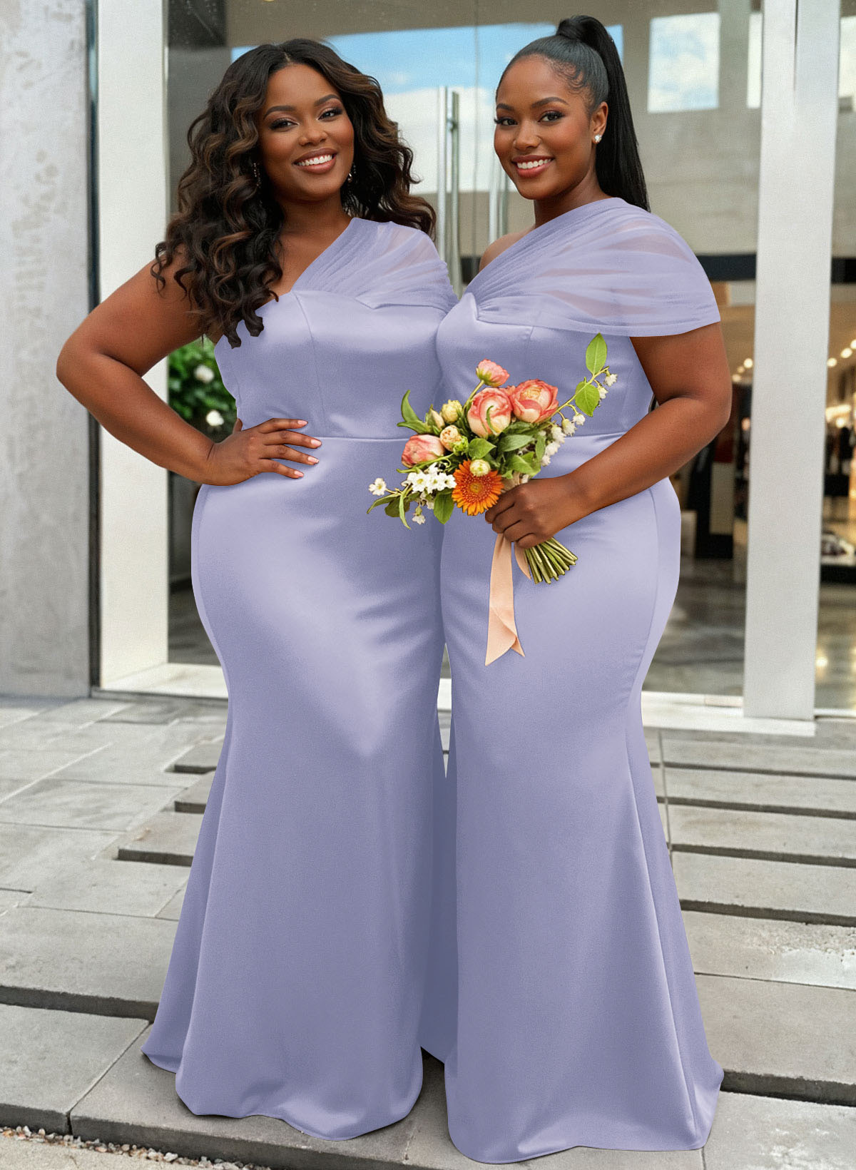 Trumpet/Mermaid One-Shoulder Sleeveless Satin/Tulle Bridesmaid Dresses, product image 425
