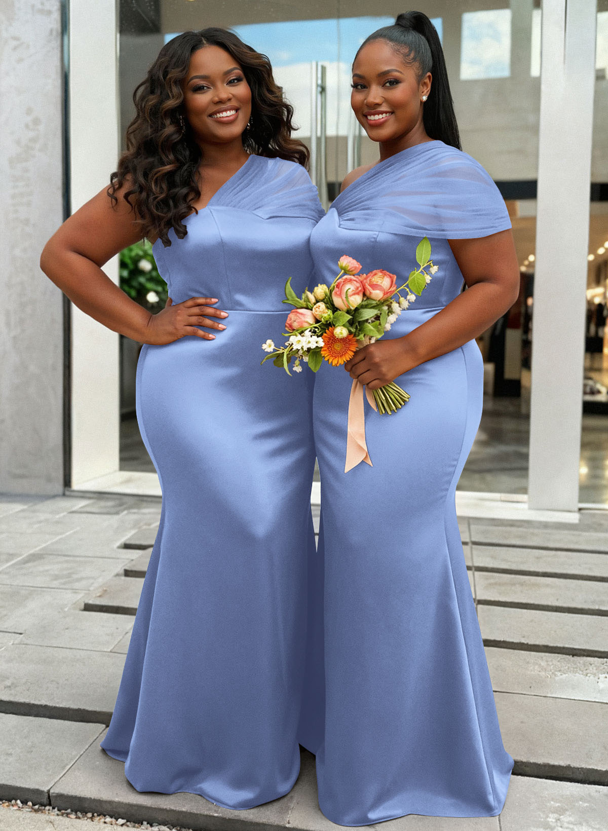 Trumpet/Mermaid One-Shoulder Sleeveless Satin/Tulle Bridesmaid Dresses, product image 373