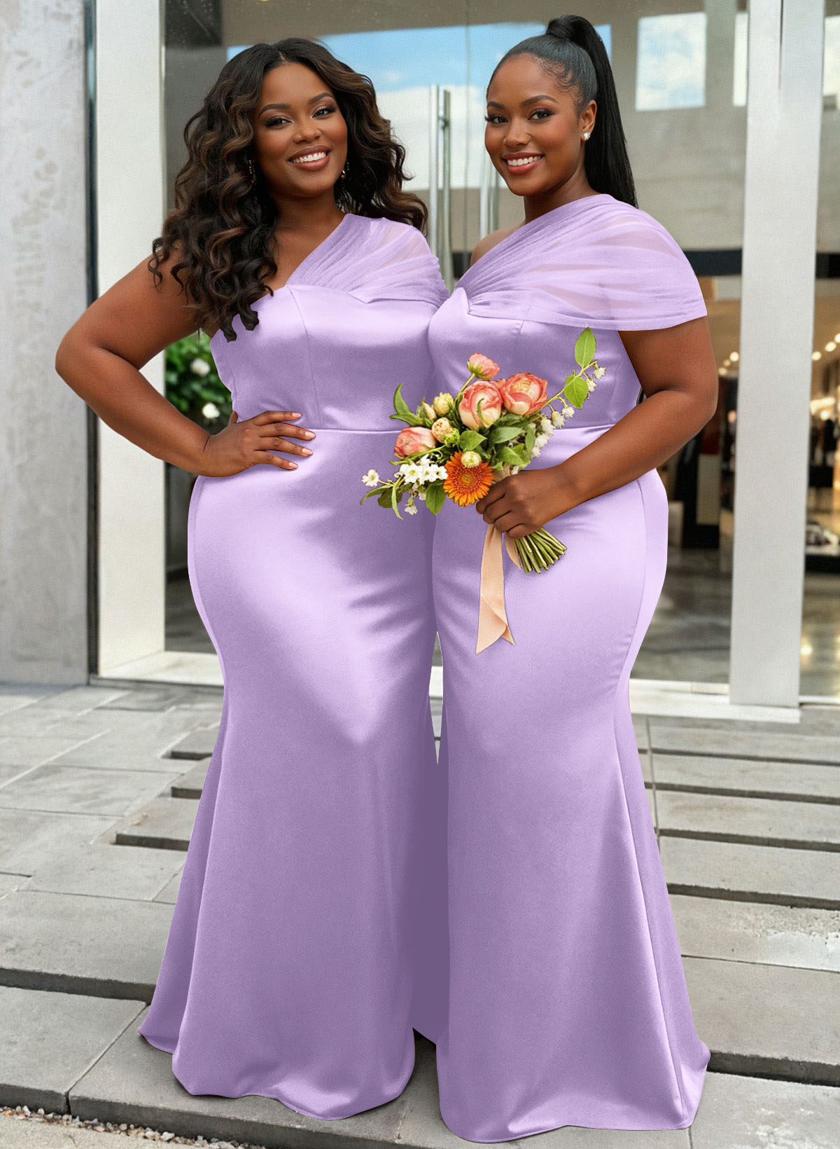 Trumpet/Mermaid One-Shoulder Sleeveless Satin/Tulle Bridesmaid Dresses, product image 423
