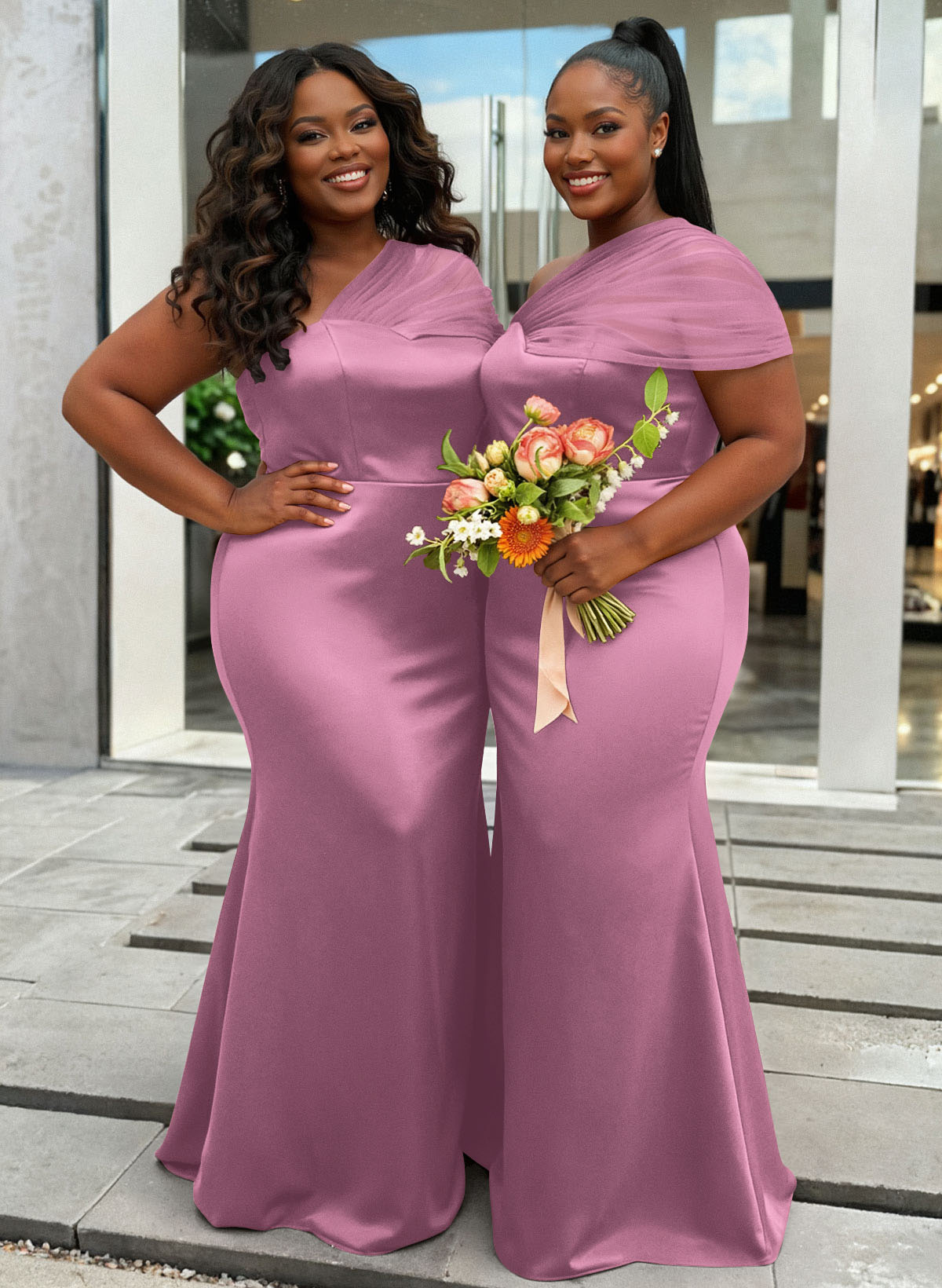 Trumpet/Mermaid One-Shoulder Sleeveless Satin/Tulle Bridesmaid Dresses, product image 421