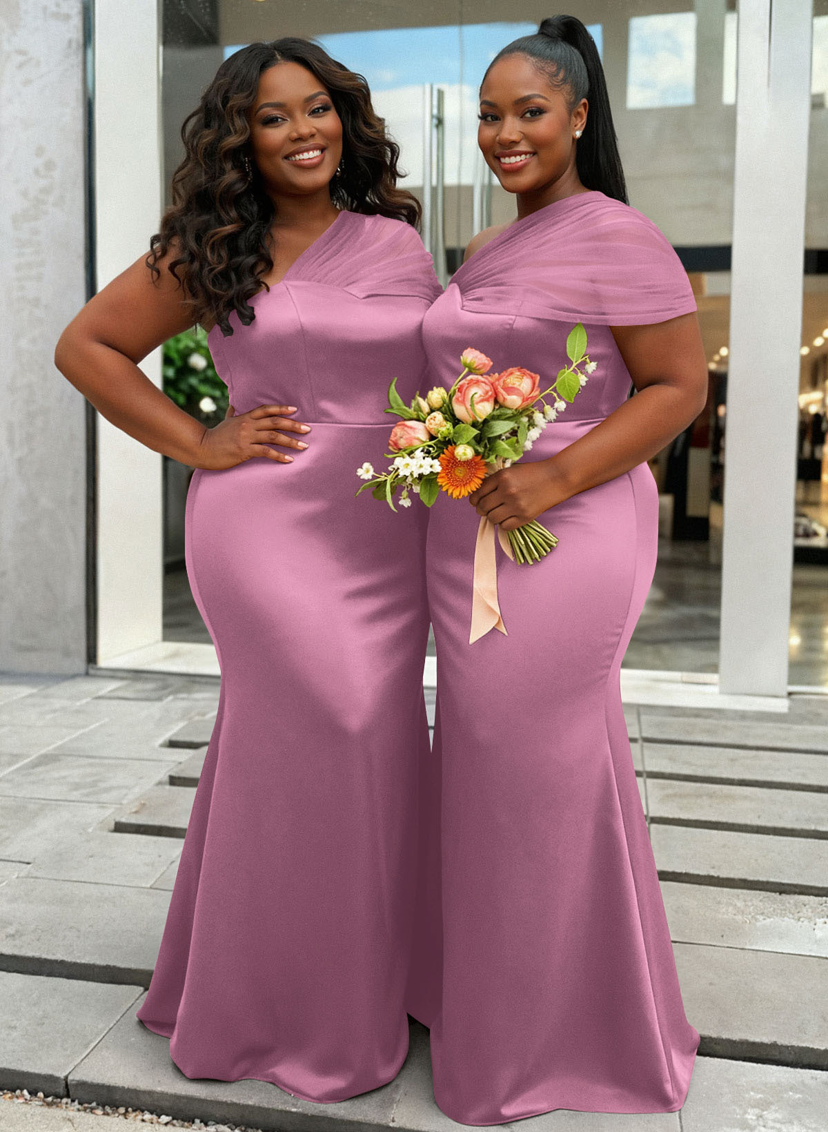 Trumpet/Mermaid One-Shoulder Sleeveless Satin/Tulle Bridesmaid Dresses, product image 421