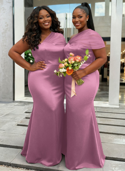 Trumpet/Mermaid One-Shoulder Sleeveless Satin/Tulle Bridesmaid Dresses