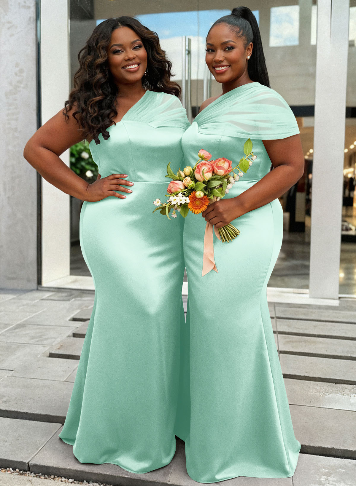 Trumpet/Mermaid One-Shoulder Sleeveless Satin/Tulle Bridesmaid Dresses, product image 447