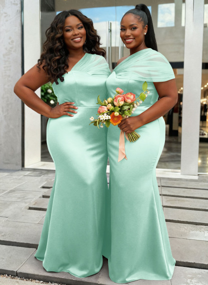 Trumpet/Mermaid One-Shoulder Sleeveless Satin/Tulle Bridesmaid Dresses