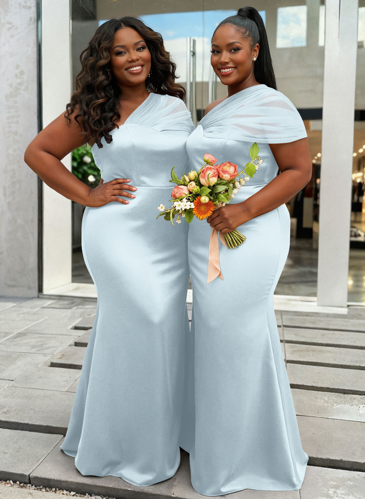 Trumpet/Mermaid One-Shoulder Sleeveless Satin/Tulle Bridesmaid Dresses, product image 449