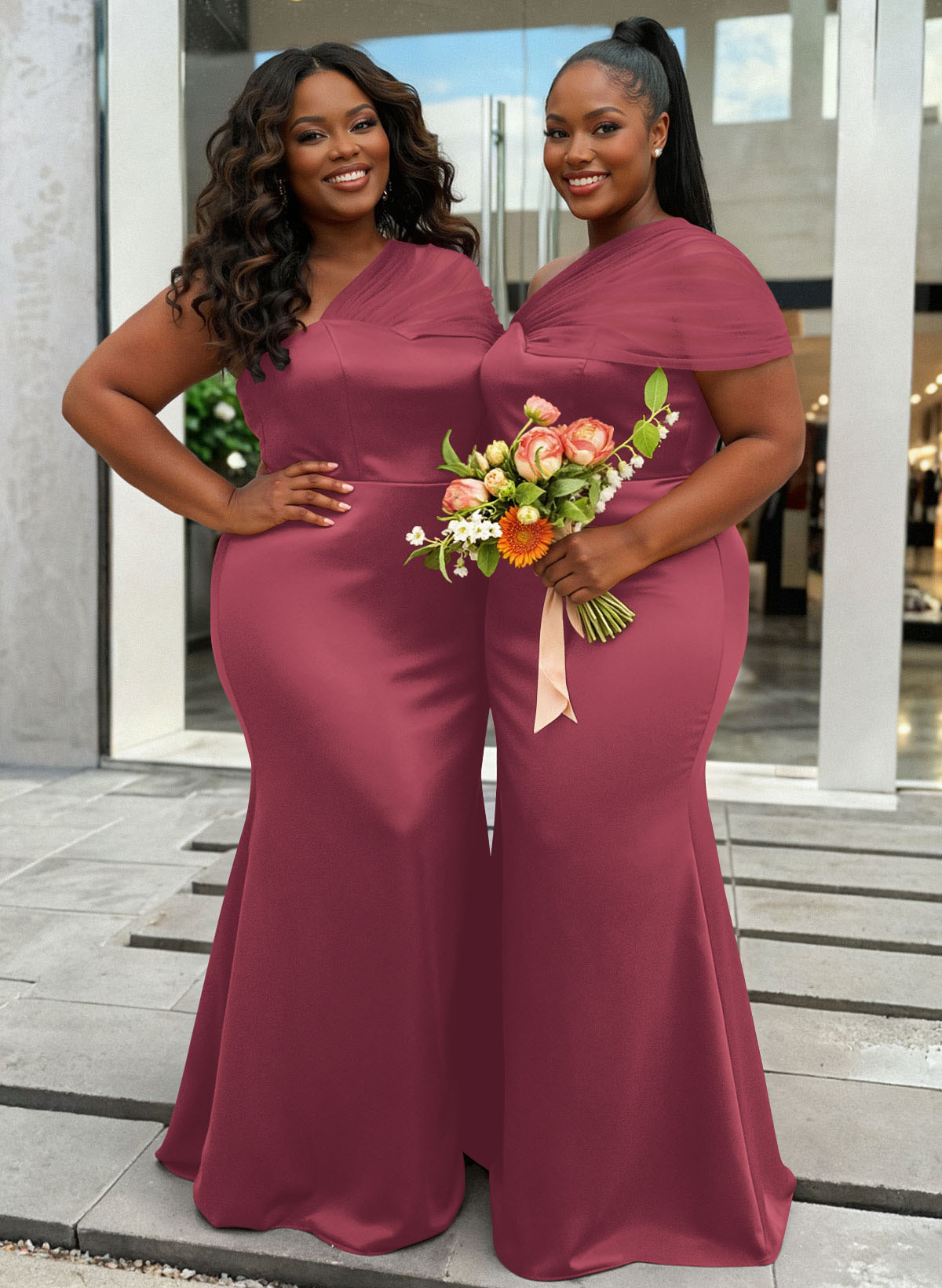 Trumpet/Mermaid One-Shoulder Sleeveless Satin/Tulle Bridesmaid Dresses, product image 401