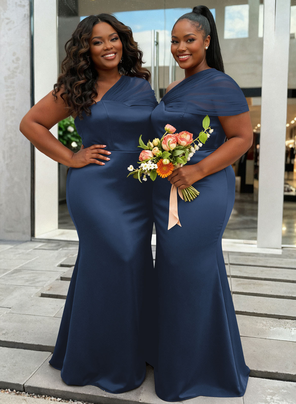 Trumpet/Mermaid One-Shoulder Sleeveless Satin/Tulle Bridesmaid Dresses, product image 355