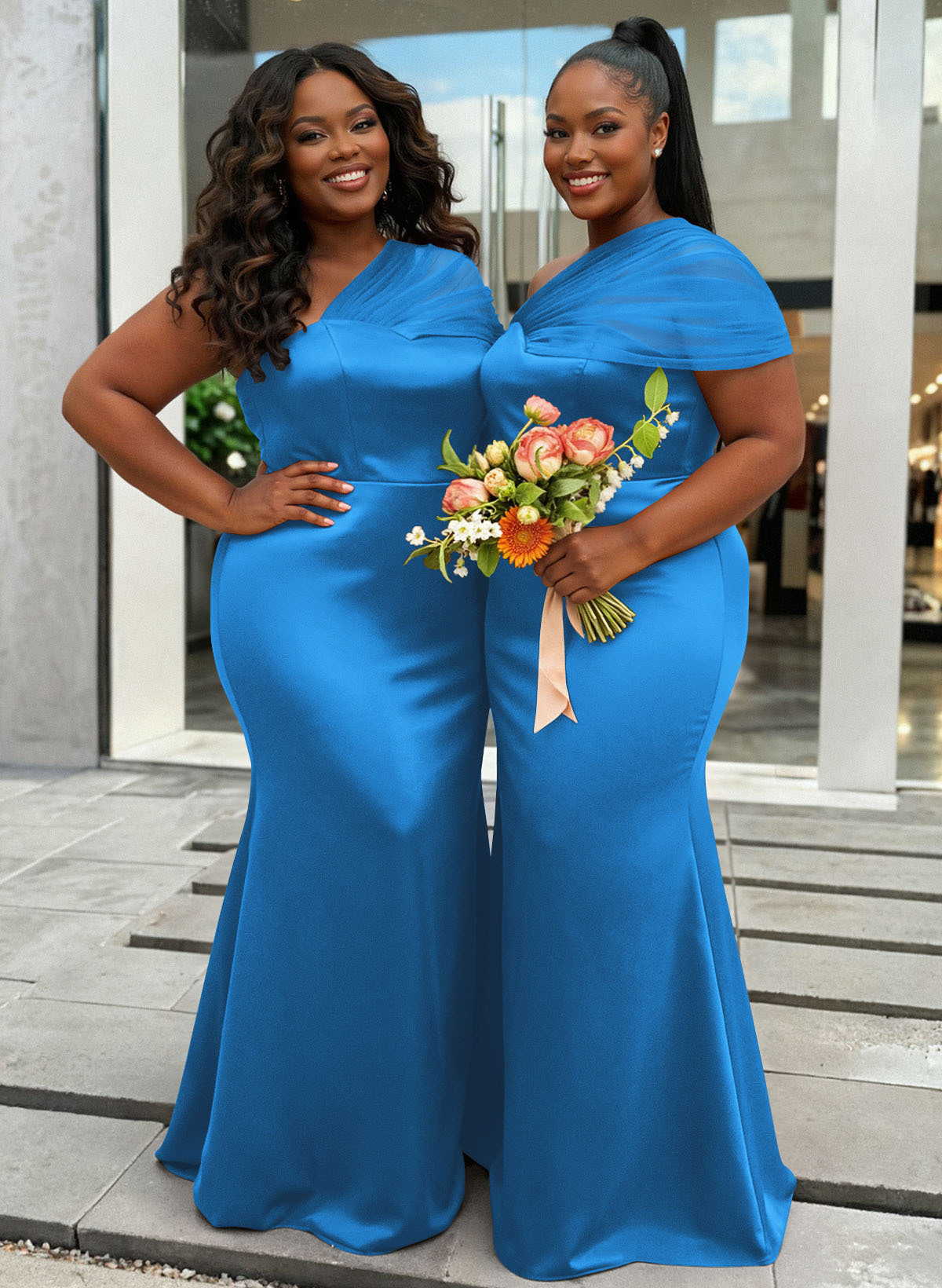 Trumpet/Mermaid One-Shoulder Sleeveless Satin/Tulle Bridesmaid Dresses, product image 371