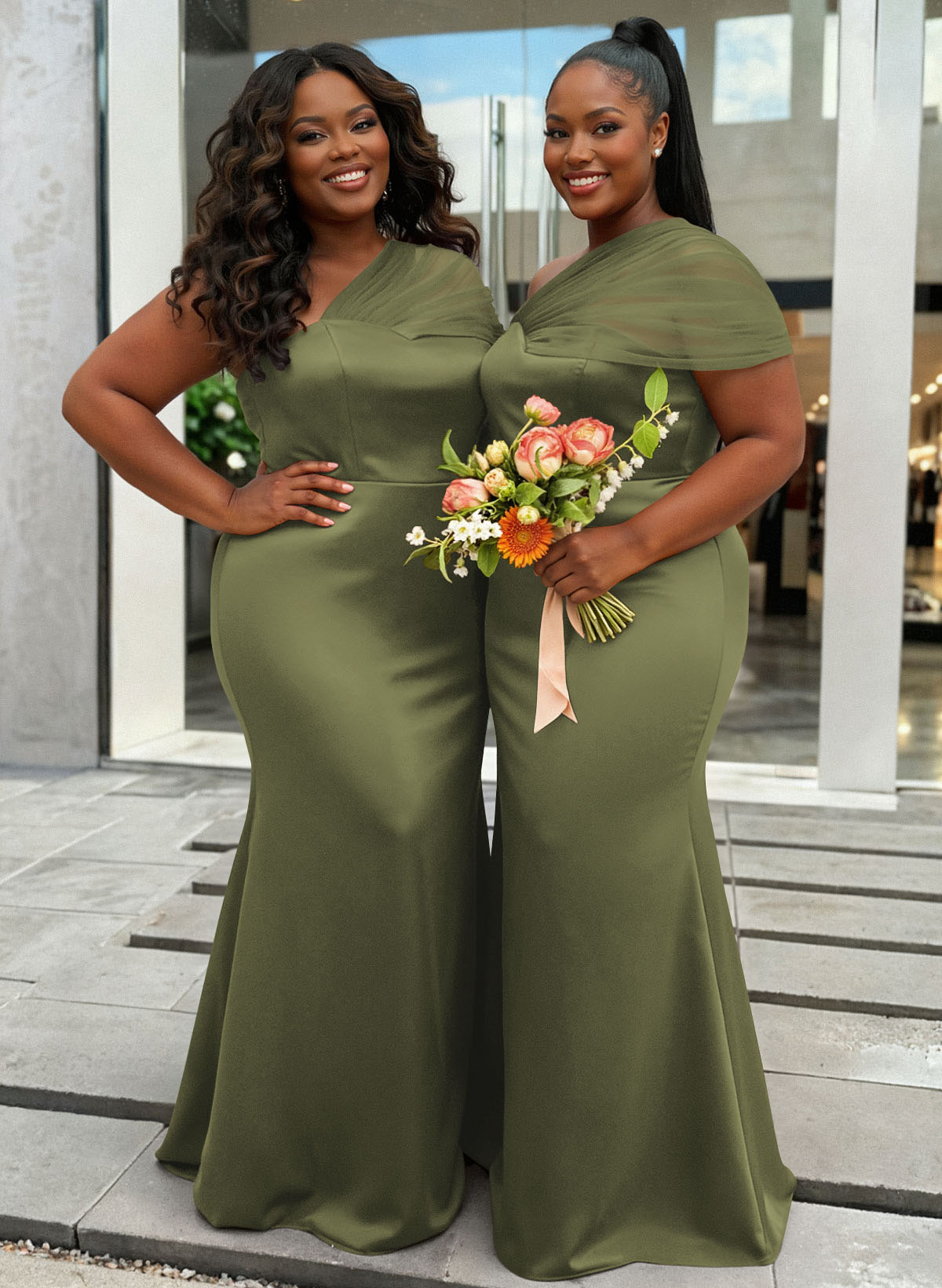 Trumpet/Mermaid One-Shoulder Sleeveless Satin/Tulle Bridesmaid Dresses, product image 441
