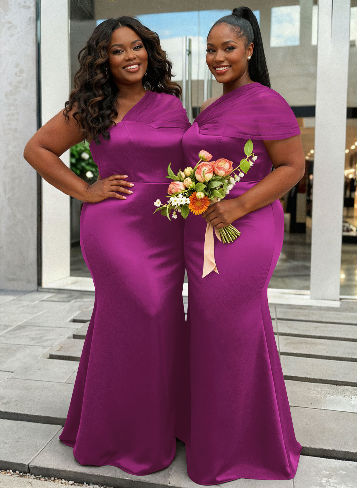Trumpet/Mermaid One-Shoulder Sleeveless Satin/Tulle Bridesmaid Dresses, product image 407