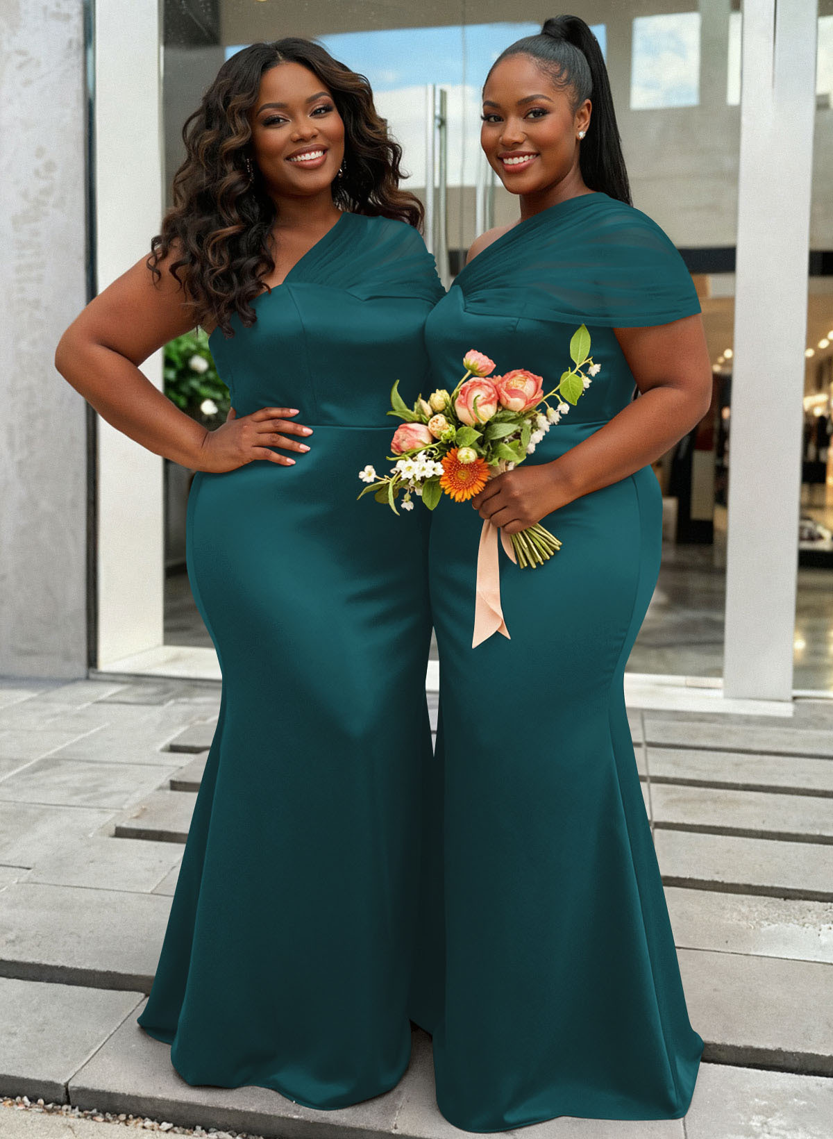 Trumpet/Mermaid One-Shoulder Sleeveless Satin/Tulle Bridesmaid Dresses, product image 437
