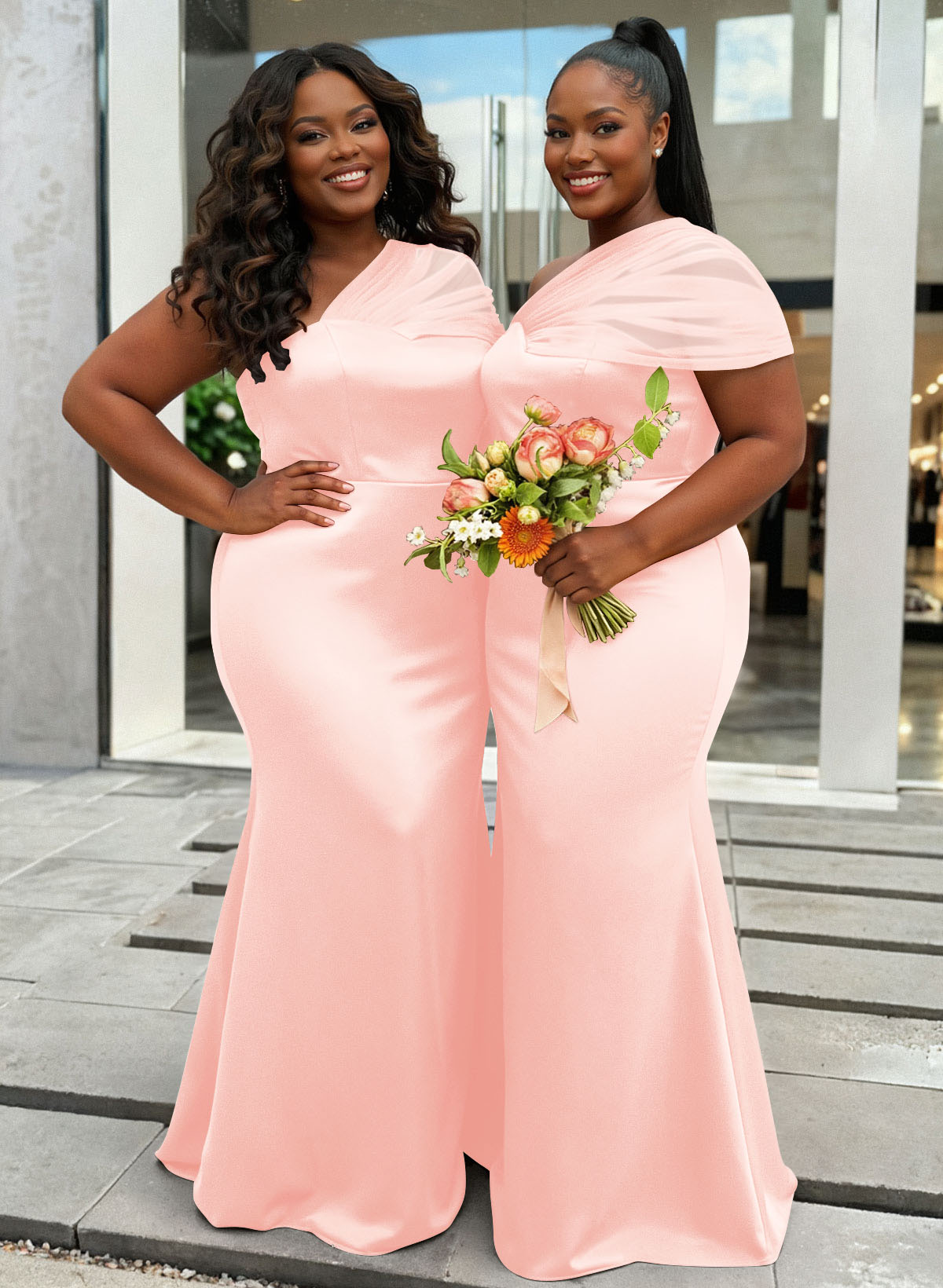Trumpet/Mermaid One-Shoulder Sleeveless Satin/Tulle Bridesmaid Dresses, product image 381