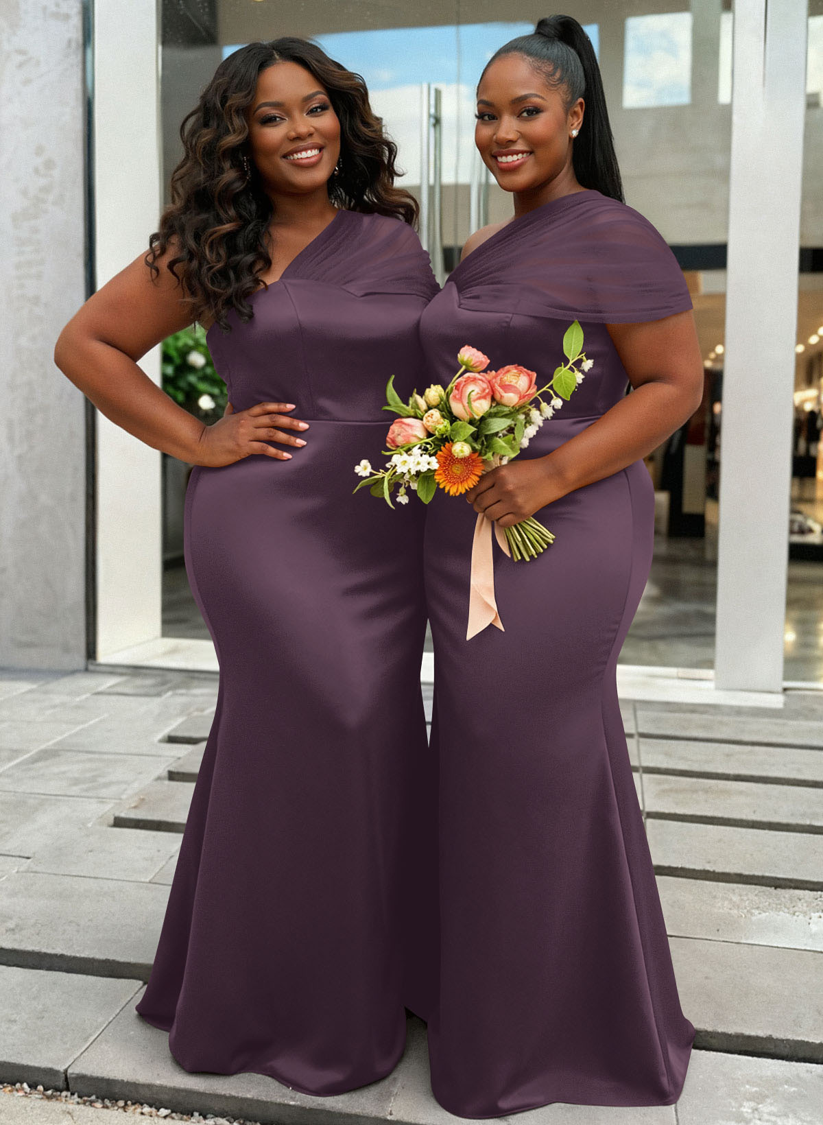 Trumpet/Mermaid One-Shoulder Sleeveless Satin/Tulle Bridesmaid Dresses, product image 427