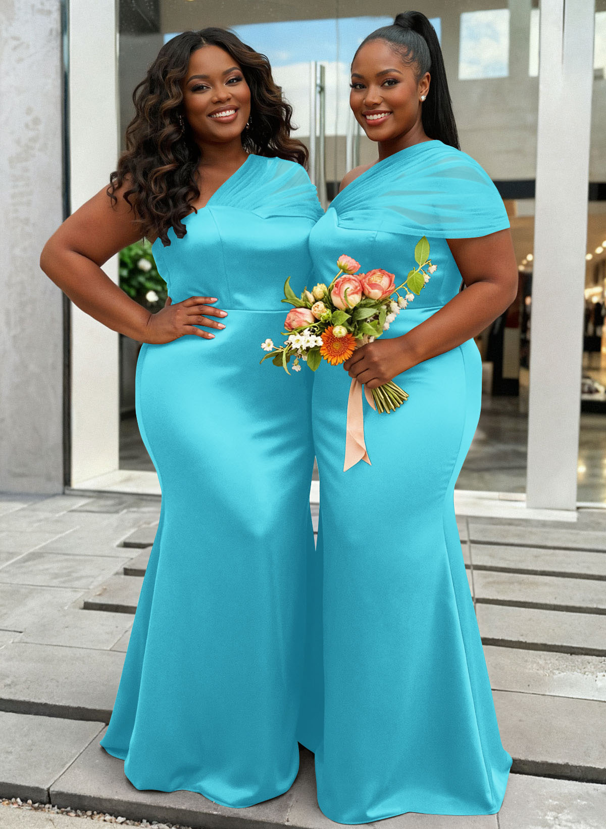 Trumpet/Mermaid One-Shoulder Sleeveless Satin/Tulle Bridesmaid Dresses, product image 369