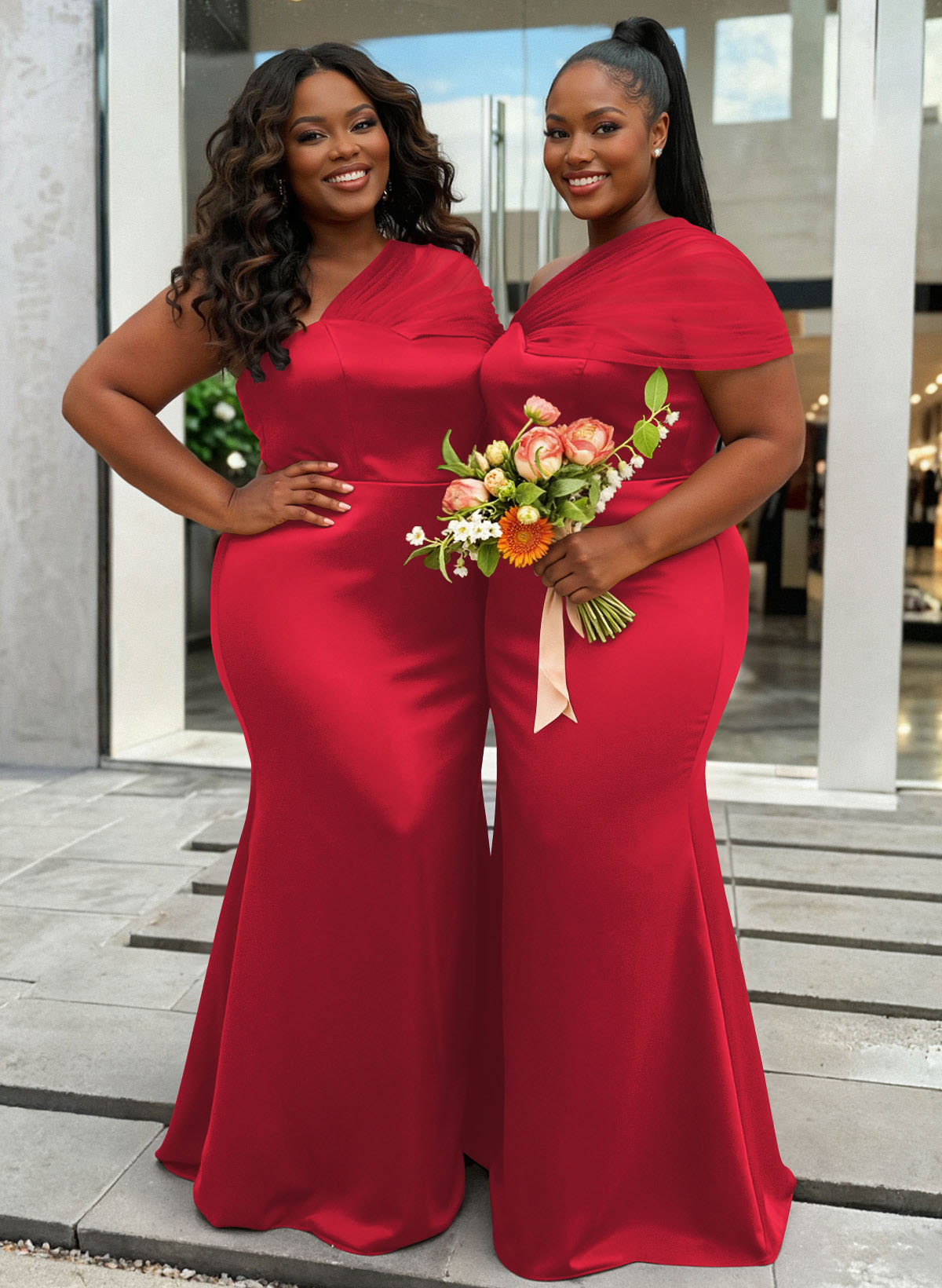 Trumpet/Mermaid One-Shoulder Sleeveless Satin/Tulle Bridesmaid Dresses, product image 393
