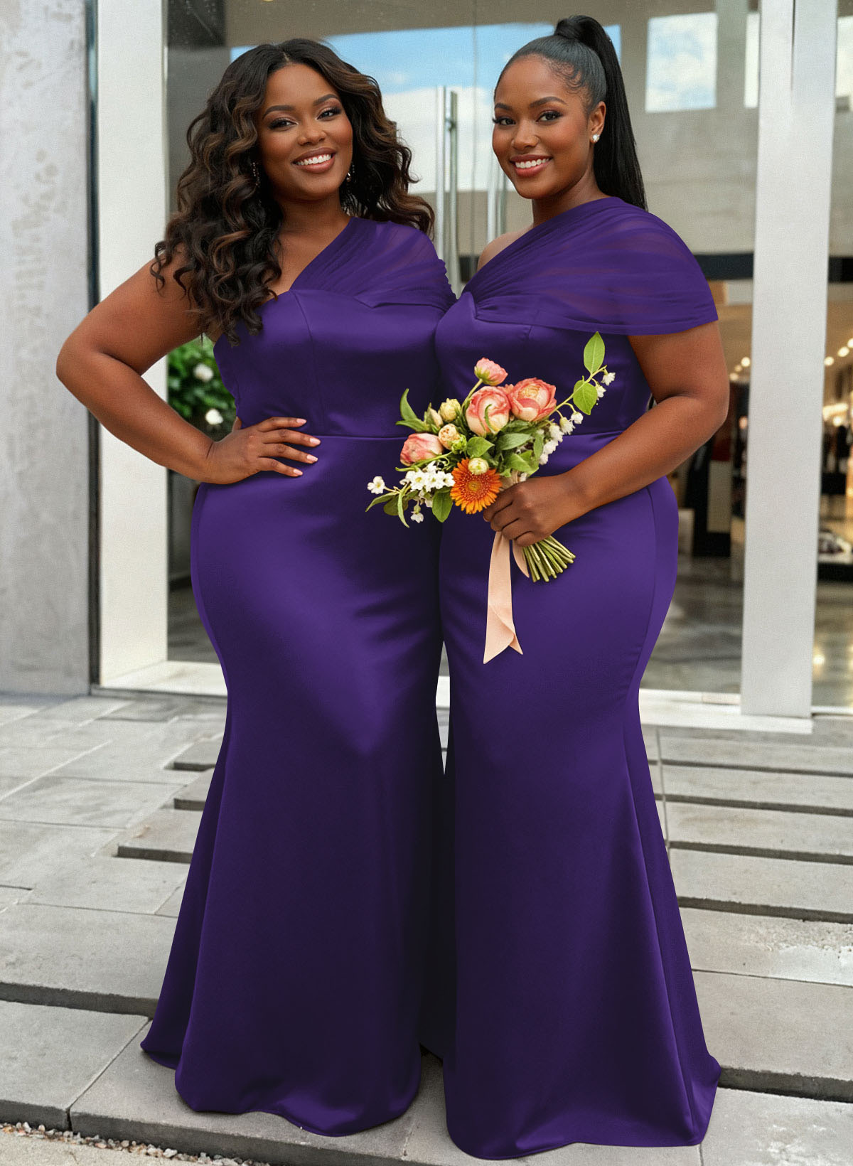 Trumpet/Mermaid One-Shoulder Sleeveless Satin/Tulle Bridesmaid Dresses, product image 409