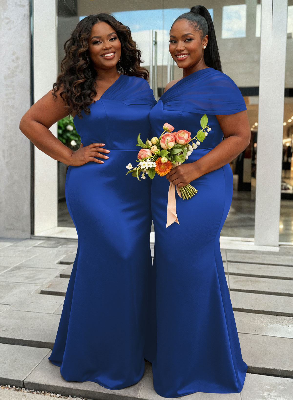 Trumpet/Mermaid One-Shoulder Sleeveless Satin/Tulle Bridesmaid Dresses, product image 357
