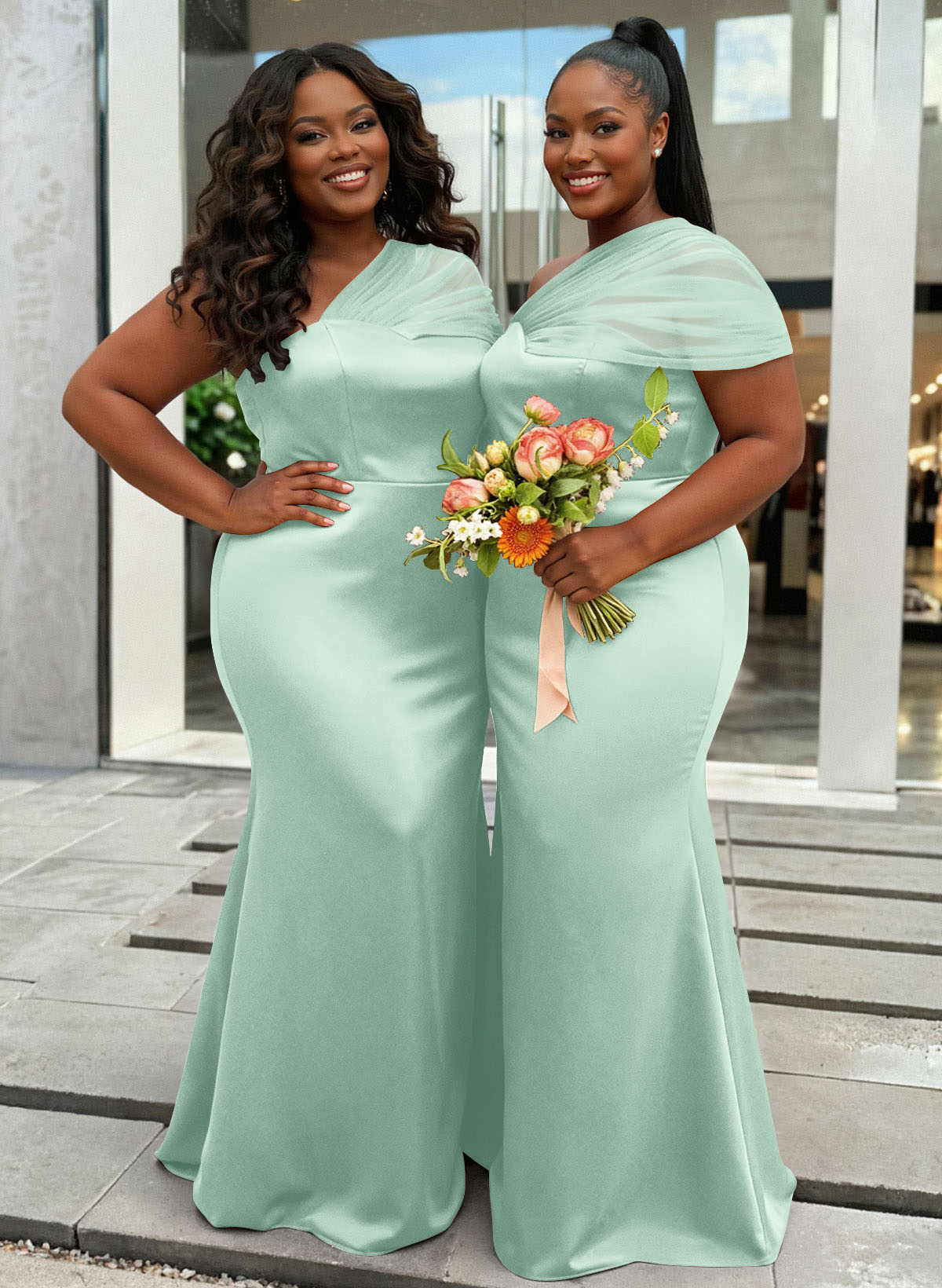 Trumpet/Mermaid One-Shoulder Sleeveless Satin/Tulle Bridesmaid Dresses, product image 433