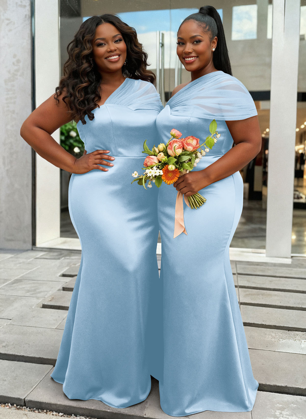 Trumpet/Mermaid One-Shoulder Sleeveless Satin/Tulle Bridesmaid Dresses, product image 365