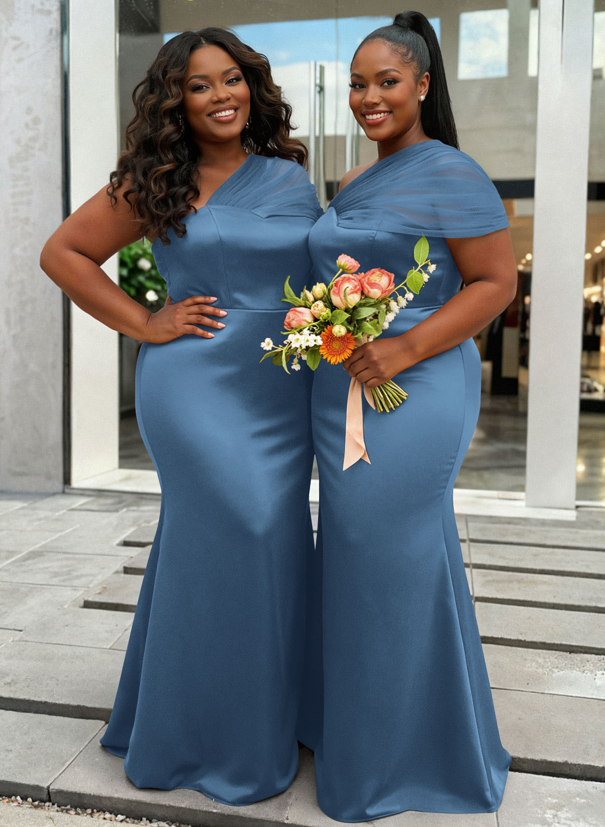 Trumpet/Mermaid One-Shoulder Sleeveless Satin/Tulle Bridesmaid Dresses, product image 359