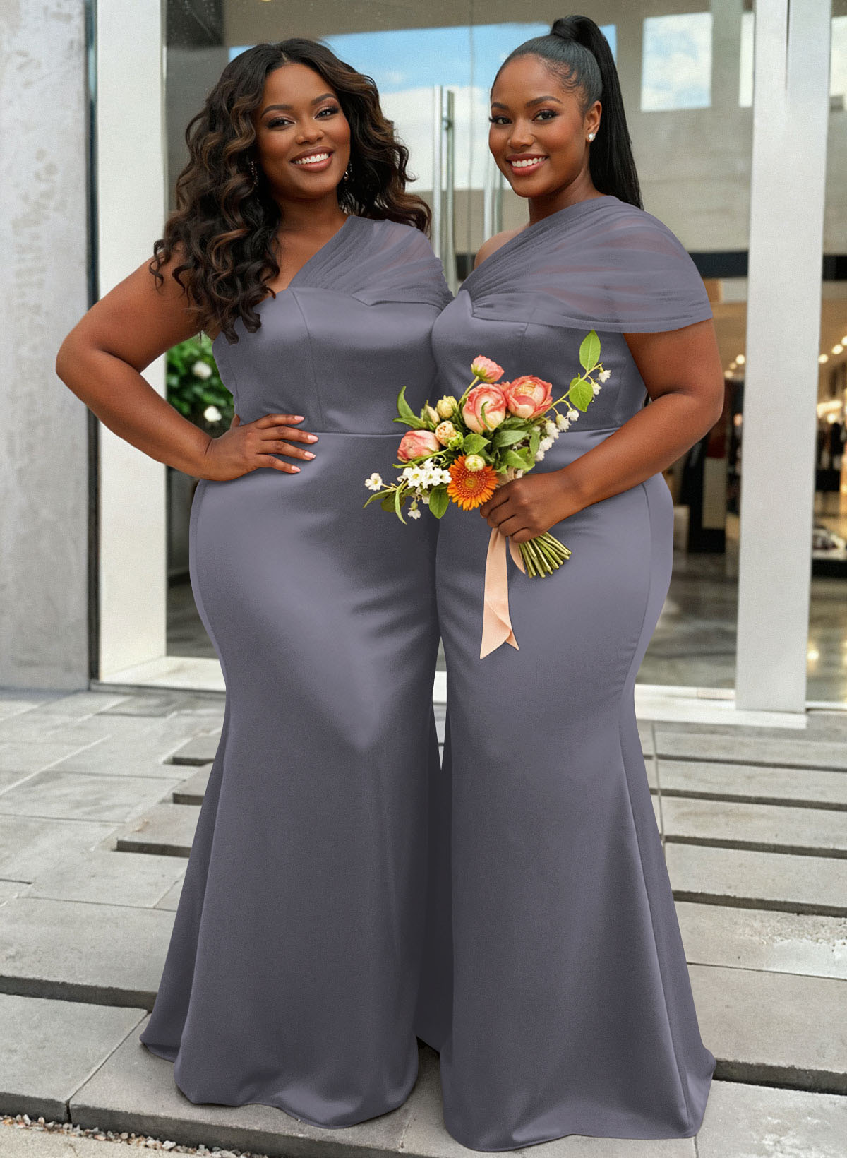 Trumpet/Mermaid One-Shoulder Sleeveless Satin/Tulle Bridesmaid Dresses, product image 361