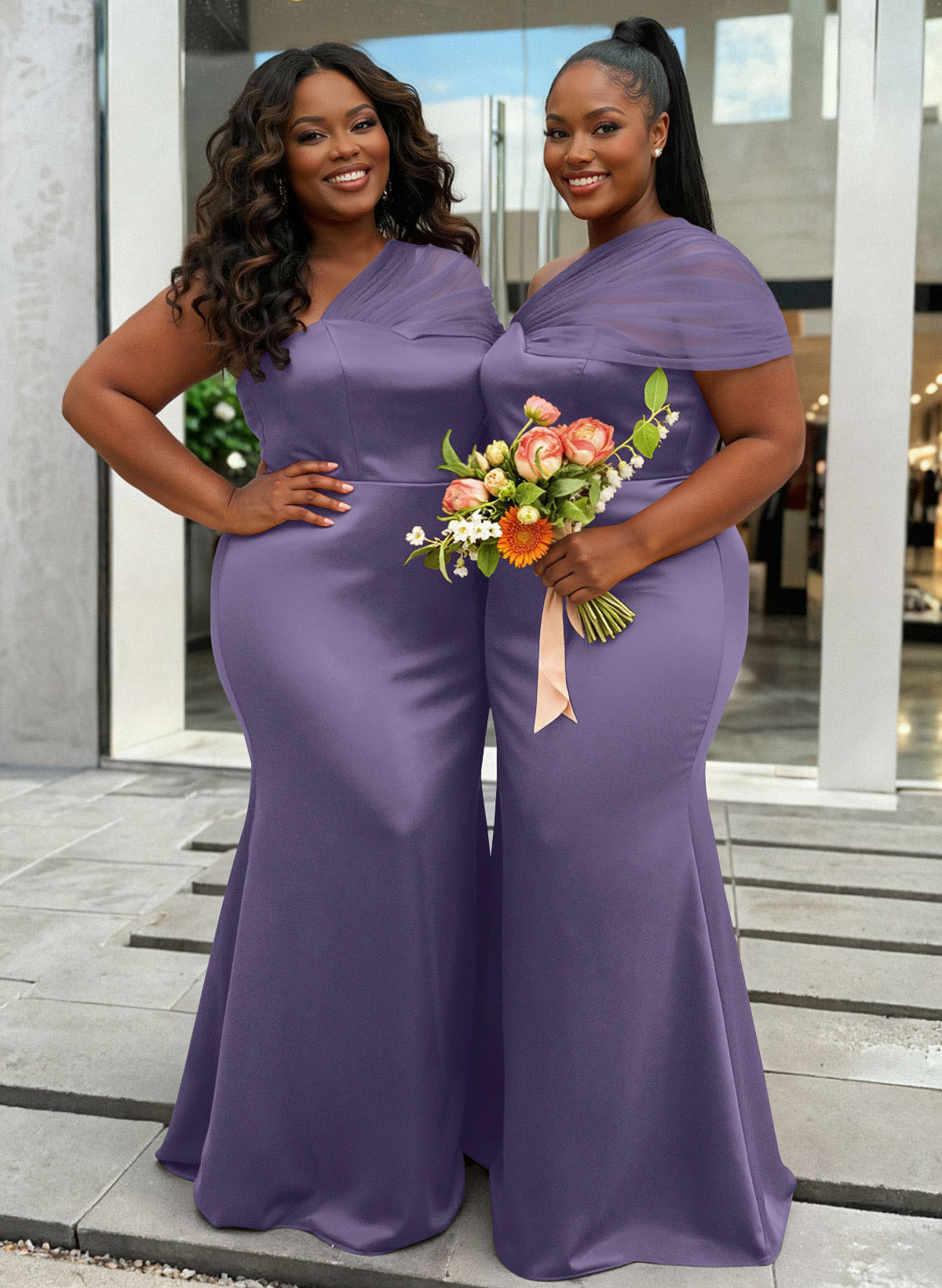 Trumpet/Mermaid One-Shoulder Sleeveless Satin/Tulle Bridesmaid Dresses, product image 415