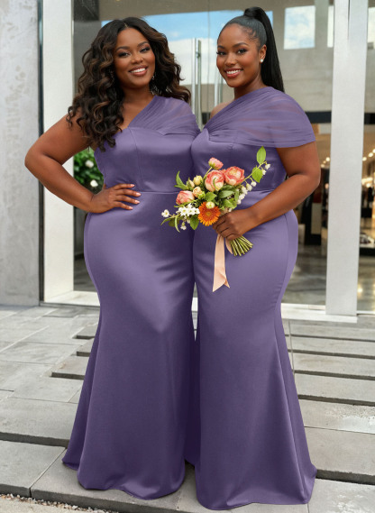 Trumpet/Mermaid One-Shoulder Sleeveless Satin/Tulle Bridesmaid Dresses