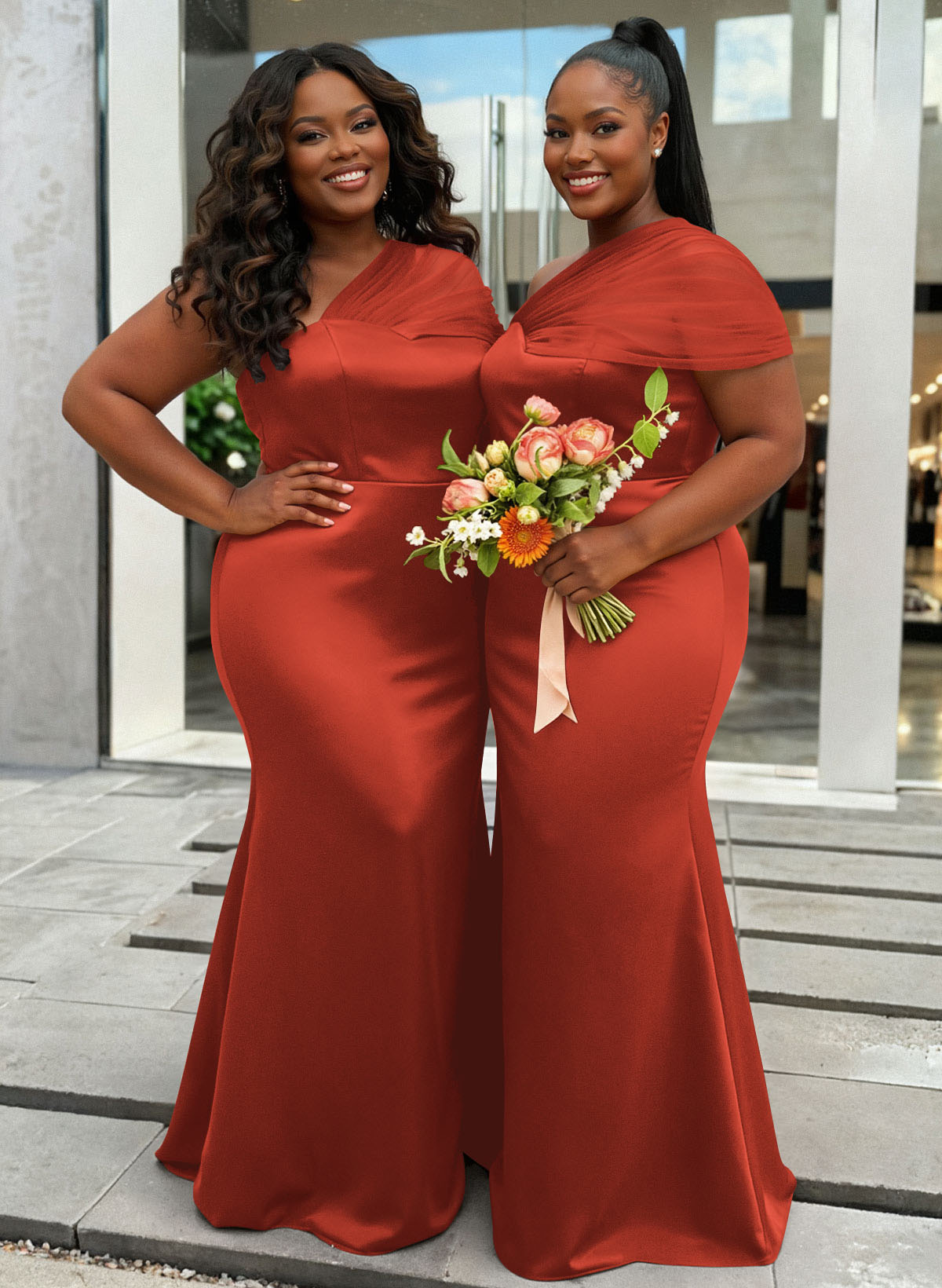 Trumpet/Mermaid One-Shoulder Sleeveless Satin/Tulle Bridesmaid Dresses, product image 403
