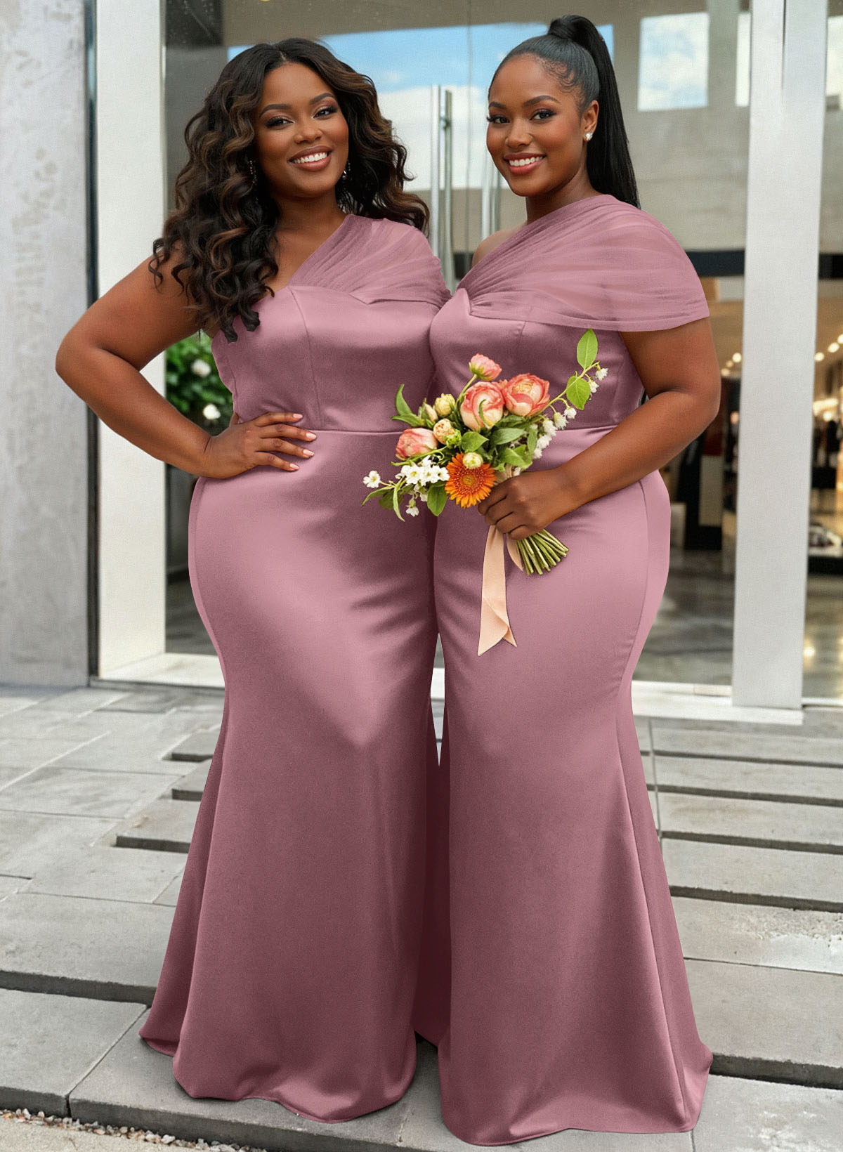 Trumpet/Mermaid One-Shoulder Sleeveless Satin/Tulle Bridesmaid Dresses, product image 419