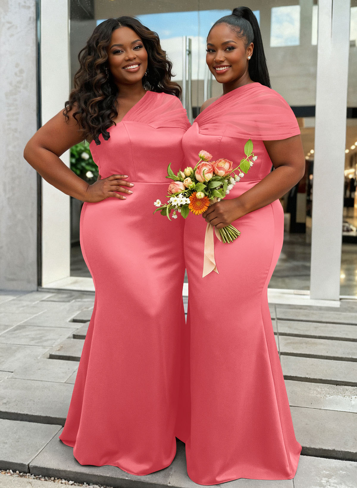 Trumpet/Mermaid One-Shoulder Sleeveless Satin/Tulle Bridesmaid Dresses, product image 405