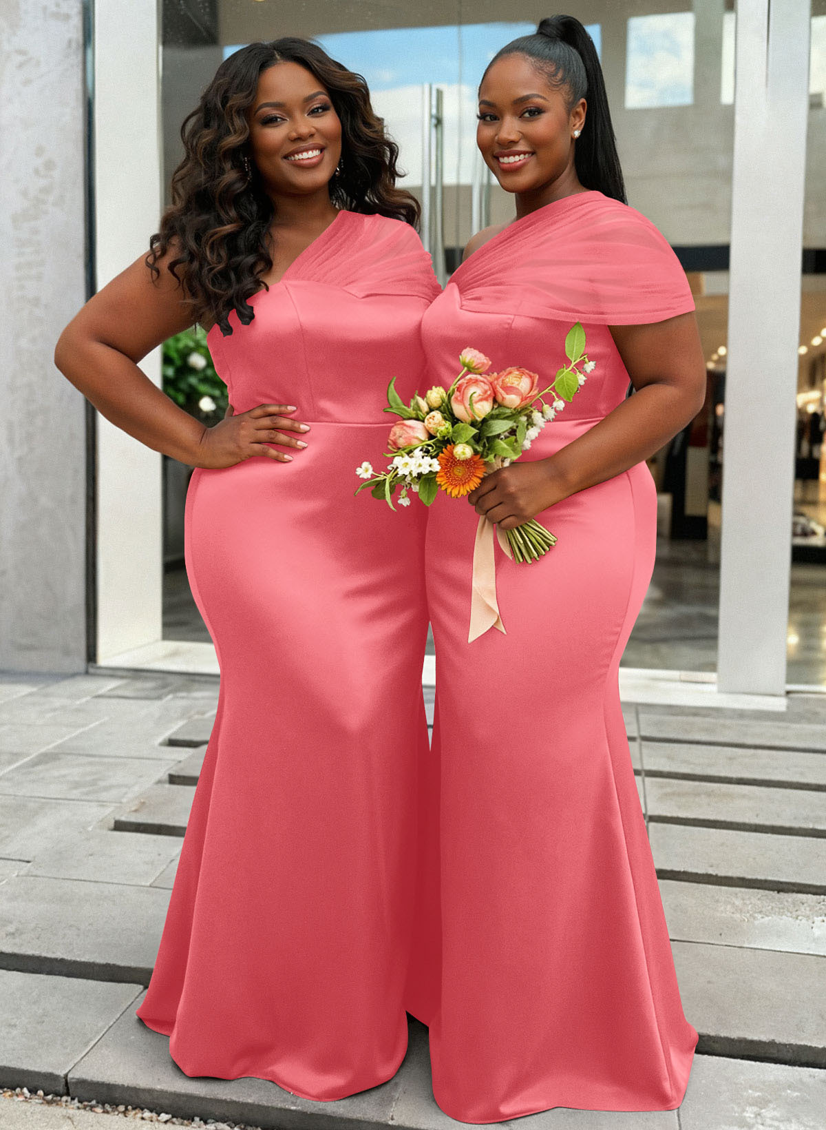Trumpet/Mermaid One-Shoulder Sleeveless Satin/Tulle Bridesmaid Dresses, product image 405