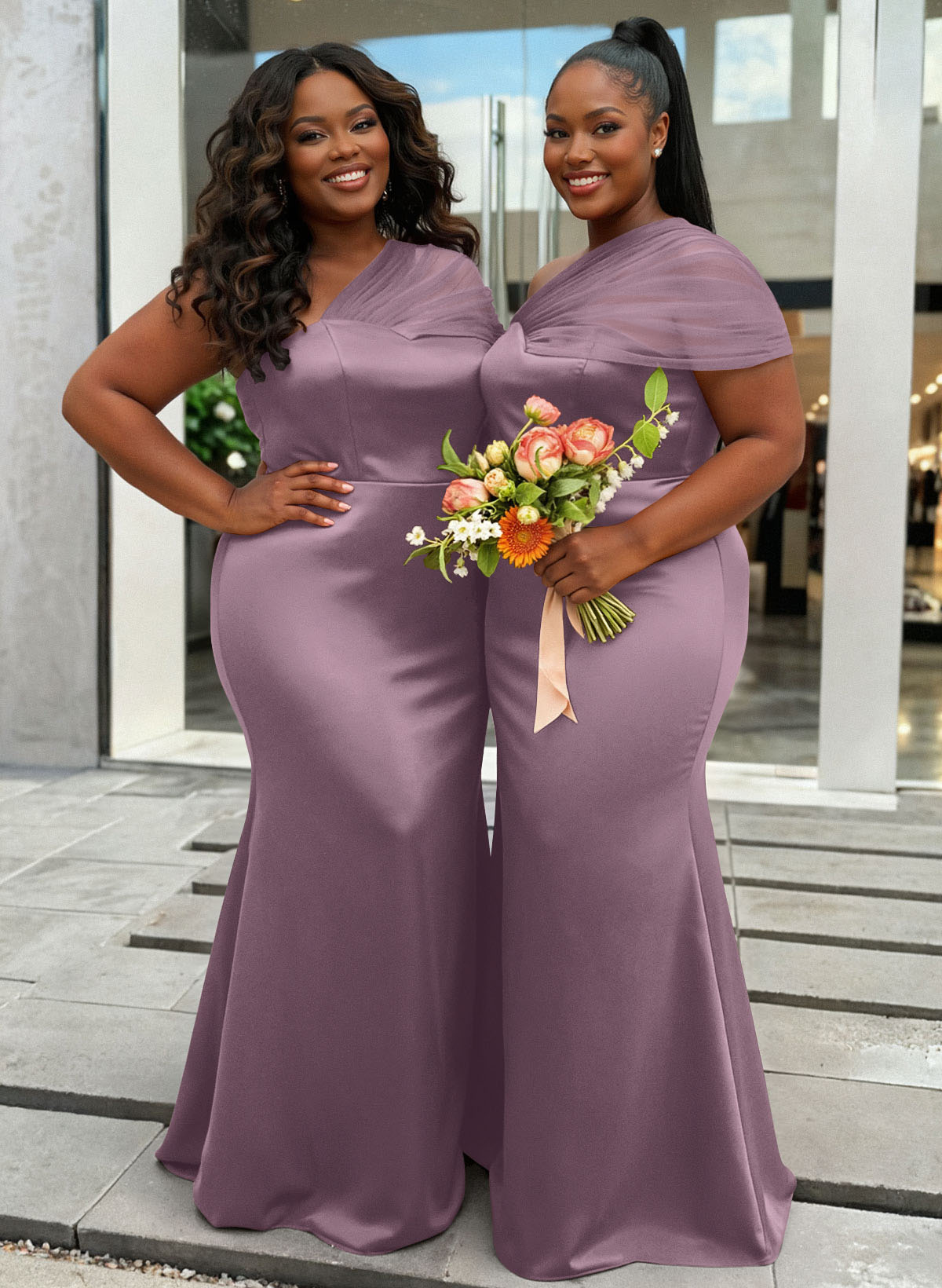 Trumpet/Mermaid One-Shoulder Sleeveless Satin/Tulle Bridesmaid Dresses, product image 417