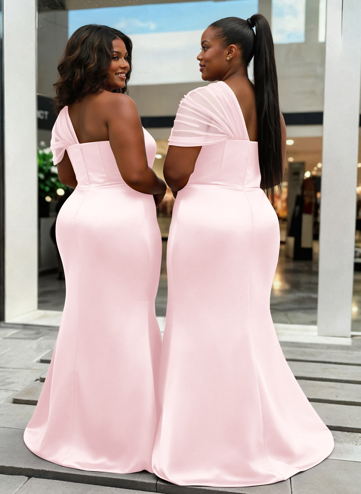 Trumpet/Mermaid One-Shoulder Sleeveless Satin/Tulle Bridesmaid Dresses, product image 390