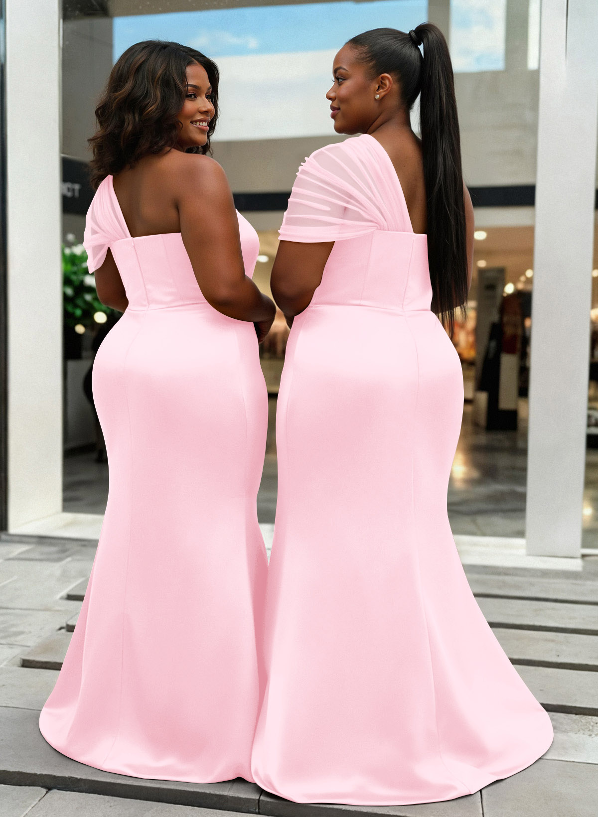 Trumpet/Mermaid One-Shoulder Sleeveless Satin/Tulle Bridesmaid Dresses, product image 392
