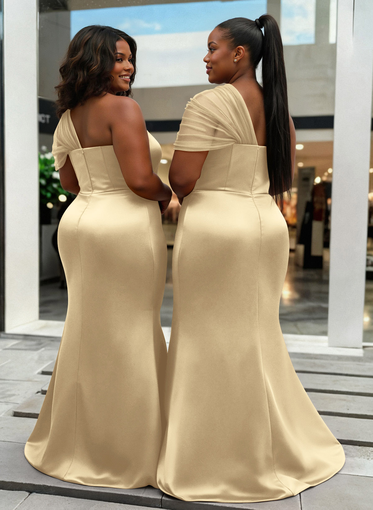 Trumpet/Mermaid One-Shoulder Sleeveless Satin/Tulle Bridesmaid Dresses, product image 352