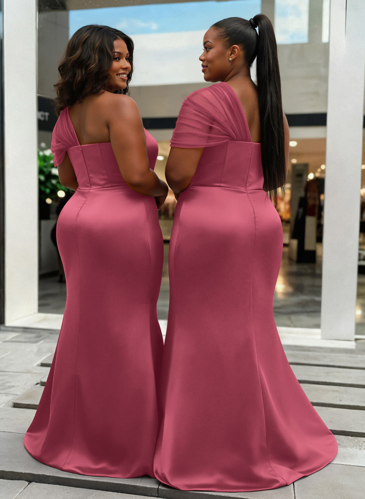 Trumpet/Mermaid One-Shoulder Sleeveless Satin/Tulle Bridesmaid Dresses, product image 400