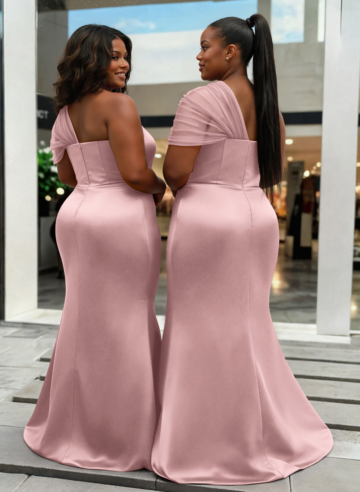 Trumpet/Mermaid One-Shoulder Sleeveless Satin/Tulle Bridesmaid Dresses, product image 380