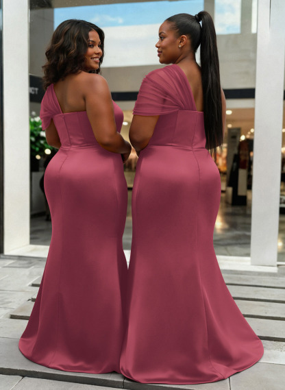 Trumpet/Mermaid One-Shoulder Sleeveless Satin/Tulle Bridesmaid Dresses