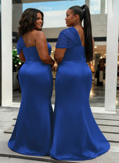 Trumpet/Mermaid One-Shoulder Sleeveless Satin/Tulle Bridesmaid Dresses