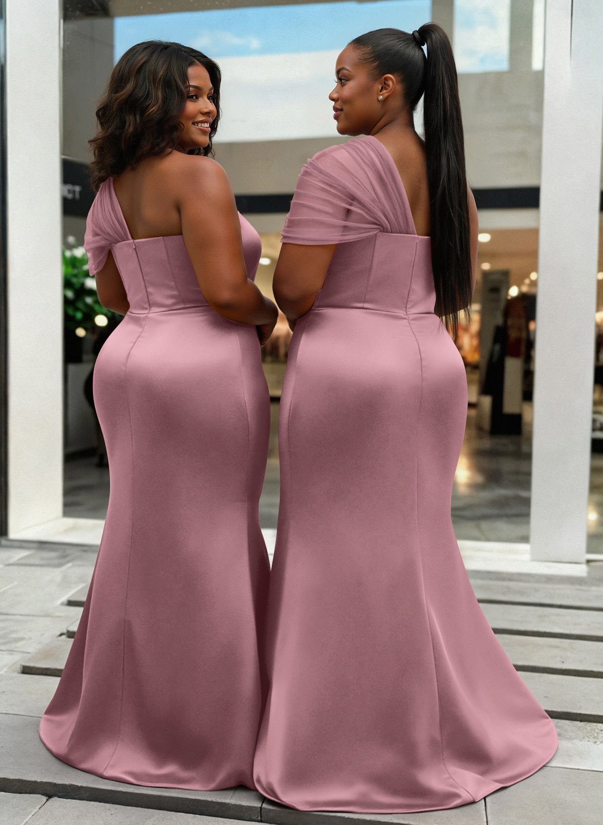 Trumpet/Mermaid One-Shoulder Sleeveless Satin/Tulle Bridesmaid Dresses, product image 420