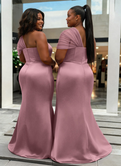 Trumpet/Mermaid One-Shoulder Sleeveless Satin/Tulle Bridesmaid Dresses