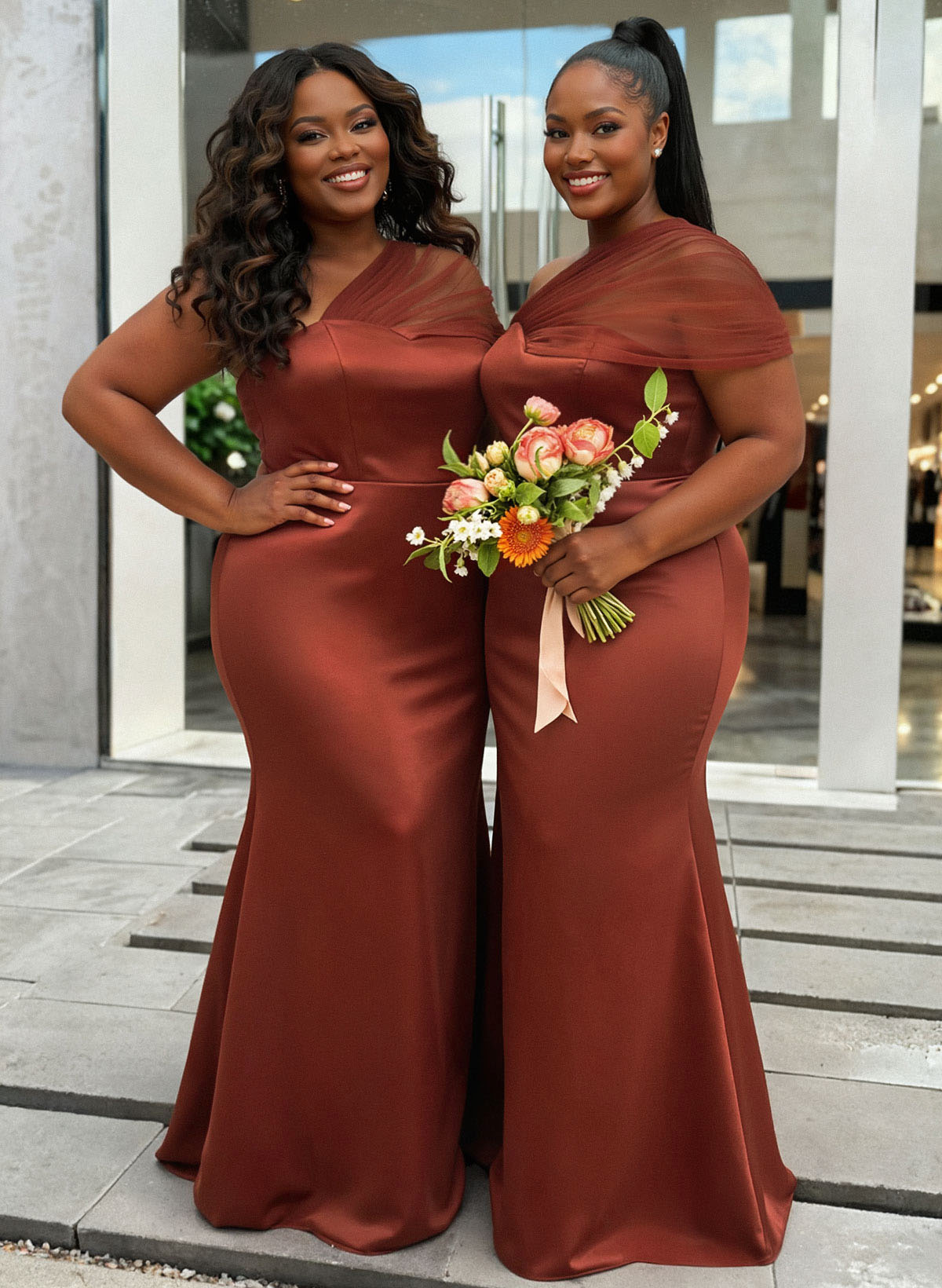 Trumpet/Mermaid One-Shoulder Sleeveless Satin/Tulle Bridesmaid Dresses, product image 347