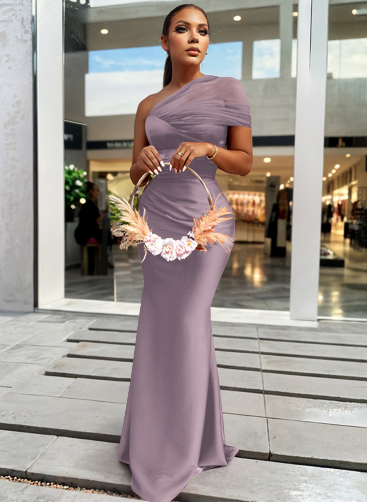 Trumpet/Mermaid One-Shoulder Sleeveless Satin/Tulle Bridesmaid Dresses, product image 169